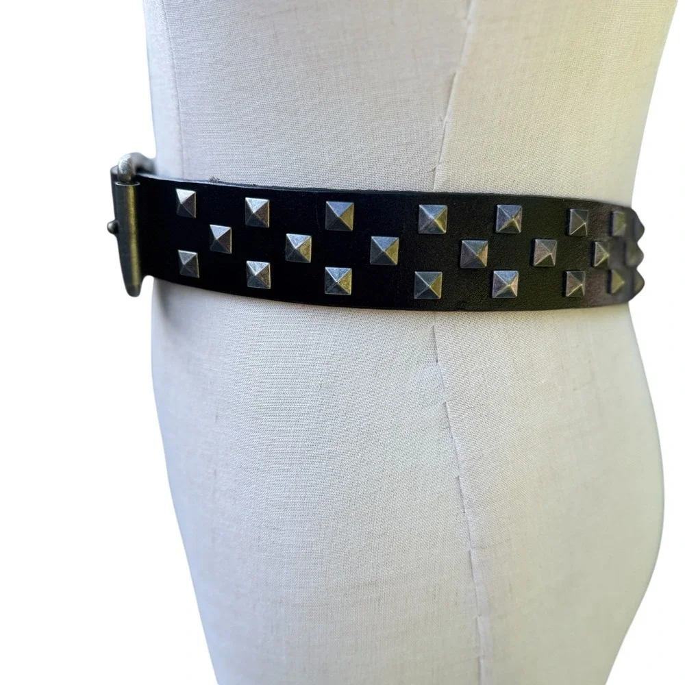 Black Split Leather Pyramid Studded Belt Men Large Silver Hardware Punk Rocker